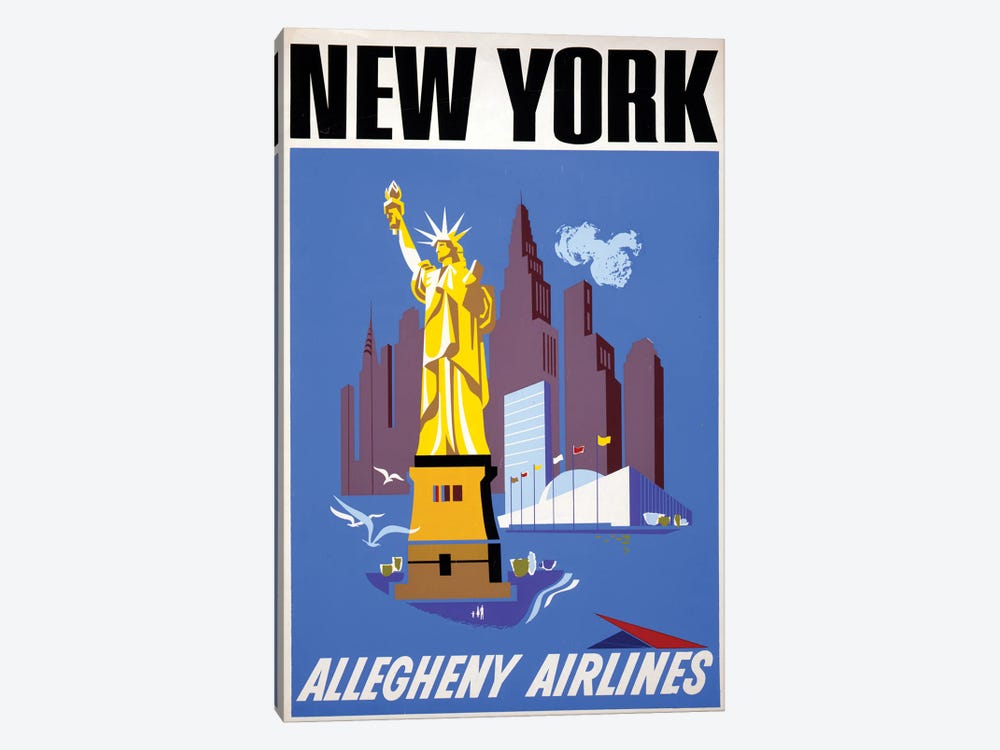 Vintage Travel Poster For Allegheny Airlines Showing The Statue Of Liberty And The New York City Skyline, Circa 1950 by Stocktrek Images 1-piece Canvas Wall Art