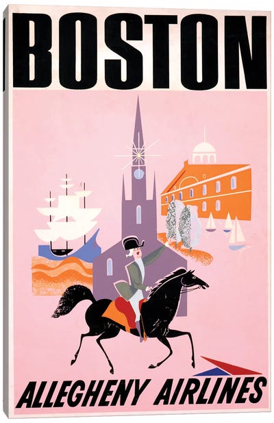 Vintage Travel Poster For Allegheny Airlines To Boston, Showing Paul Revere On Horseback, Circa 1950 Canvas Art Print - Massachusetts Art