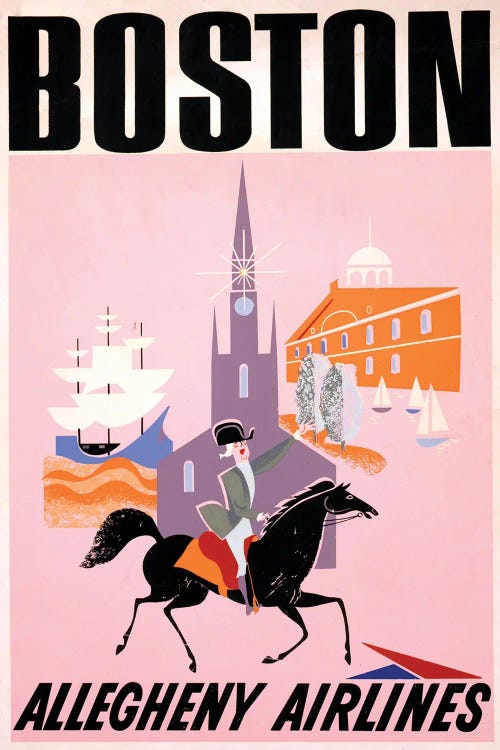 Vintage Travel Poster For Allegheny Airlines To Boston, Showing Paul Revere On Horseback, Circa 1950