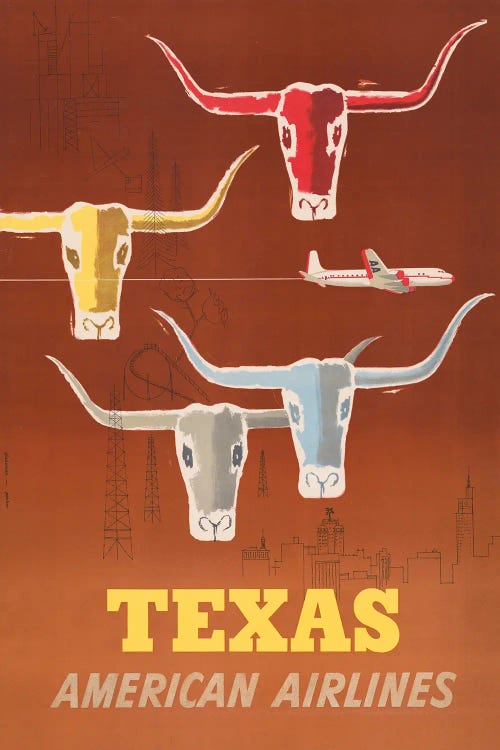 Vintage Travel Poster For American Airlines To Texas, Circa 1953