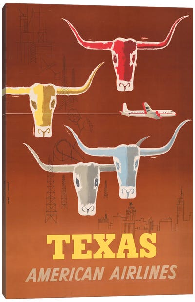Vintage Travel Poster For American Airlines To Texas, Circa 1953 Canvas Art Print - Longhorn Art