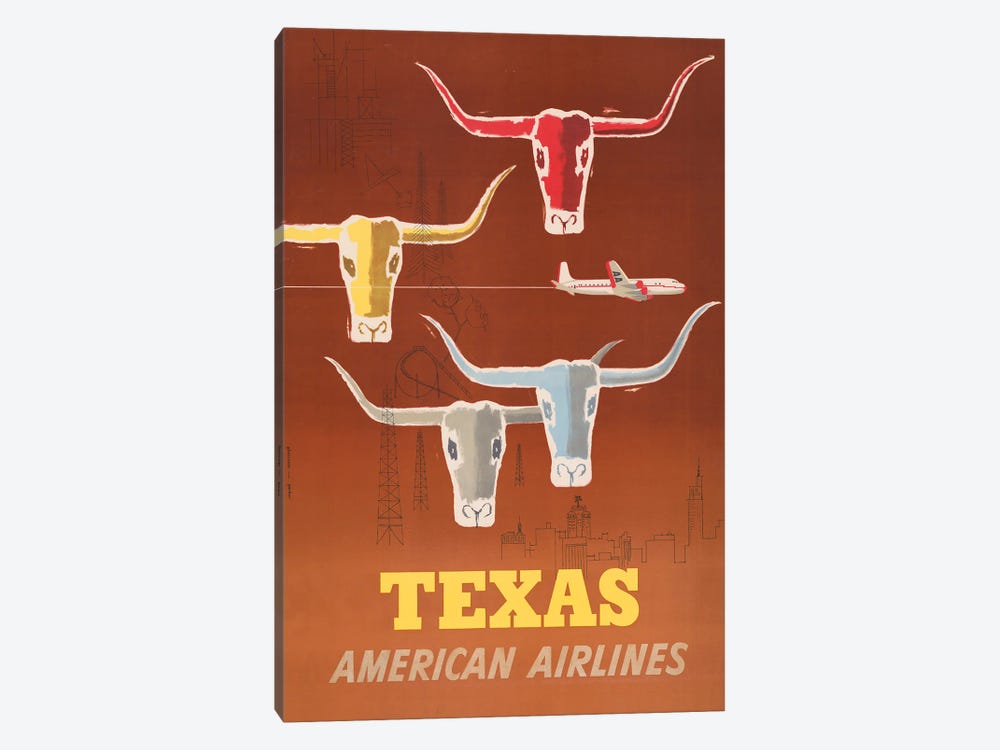 Vintage Travel Poster For American Airlines To Texas, Circa 1953 by Stocktrek Images 1-piece Canvas Wall Art