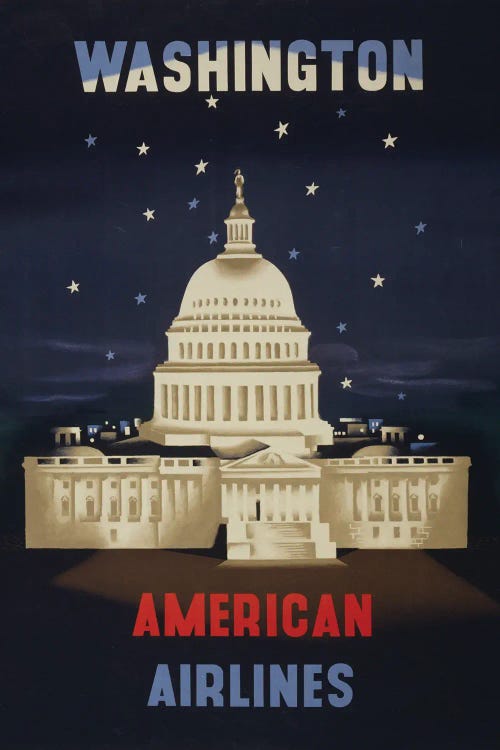 Vintage Travel Poster For American Airlines To Washington DC, Circa 1950