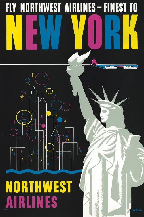 Vintage Travel Poster For Flying Northwest Airlines To New York, Showing Statue Of Liberty
