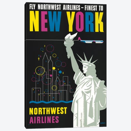 Vintage Travel Poster For Flying Northwest Airlines To New York, Showing Statue Of Liberty Canvas Print #TRK3977} by Stocktrek Images Canvas Artwork