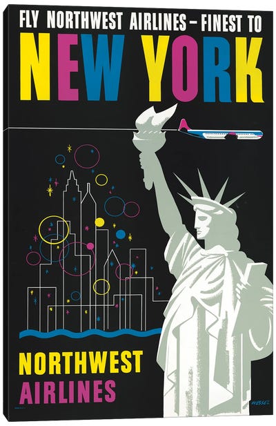 Vintage Travel Poster For Flying Northwest Airlines To New York, Showing Statue Of Liberty Canvas Art Print