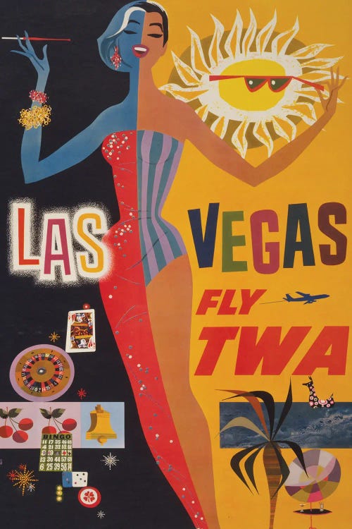 Vintage Travel Poster For Flying TWA To Las Vegas, Showing Graphics Of Gambling, Circa 1960