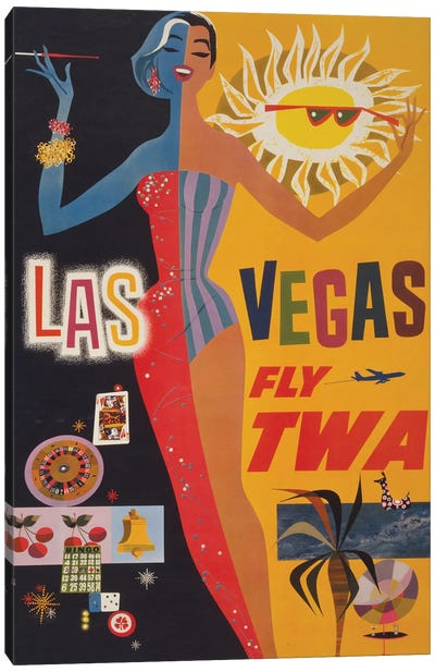 Vintage Travel Poster For Flying TWA To Las Vegas, Showing Graphics Of Gambling, Circa 1960 Canvas Art Print - Las Vegas Travel Posters
