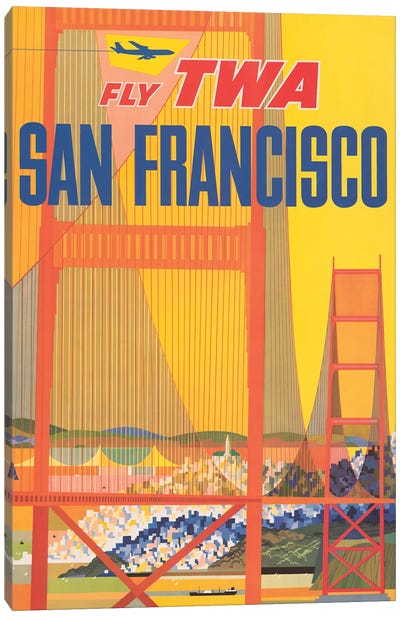 Vintage Travel Poster For Flying TWA To San Francisco, Shows A Stylized Golden Gate Bridge, Circa 1957 Canvas Art Print - California Art