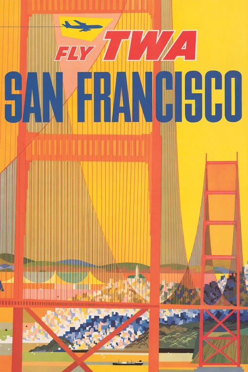 Vintage Travel Poster For Flying TWA To San Francisco, Shows A Stylized Golden Gate Bridge, Circa 1957