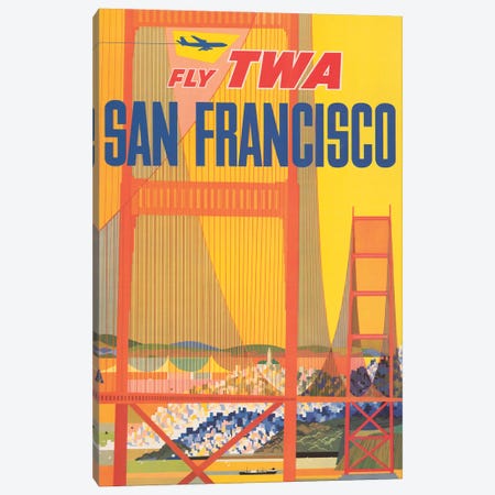 Vintage Travel Poster For Flying TWA To San Francisco, Shows A Stylized Golden Gate Bridge, Circa 1957 Canvas Print #TRK3979} by Stocktrek Images Canvas Print