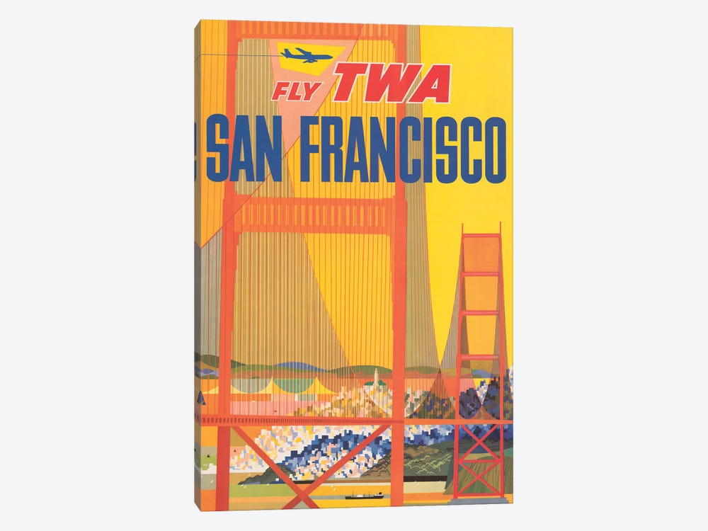 Vintage Travel Poster For Flying TWA To San Francisco, Shows A Stylized Golden Gate Bridge, Circa 1957 by Stocktrek Images 1-piece Canvas Print