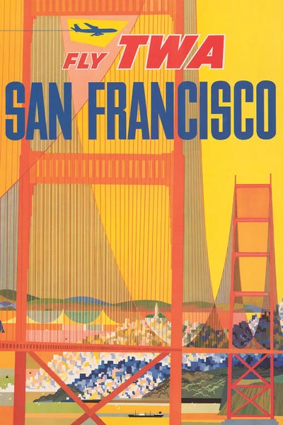 Golden Gate Bridge: Vintage Travel Poster For Flying TWA To San Francisco, Shows A Stylized Golden Gate Bridge, Circa 1957 by Stocktrek Images