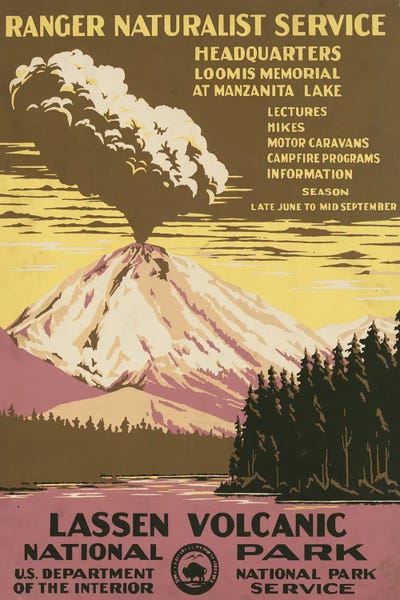 Volcanoes: Vintage Travel Poster For Lassen Volcanic National Park, Ranger Naturalist Service, Circa 1938 by Stocktrek Images