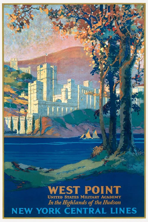 Vintage Travel Poster For New York Central Lines, West Point Military Academy, Seen Across The Hudson River, Circa 1920