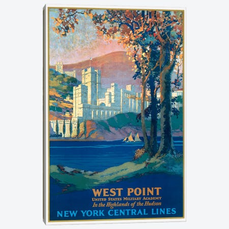 Vintage Travel Poster For New York Central Lines, West Point Military Academy, Seen Across The Hudson River, Circa 1920 Canvas Print #TRK3983} by Stocktrek Images Canvas Artwork