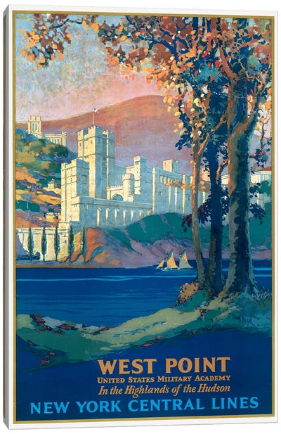 Vintage Travel Poster For New York Central Lines, West Point Military Academy, Seen Across The Hudson River, Circa 1920 Canvas Art Print - Vintage Travel Posters