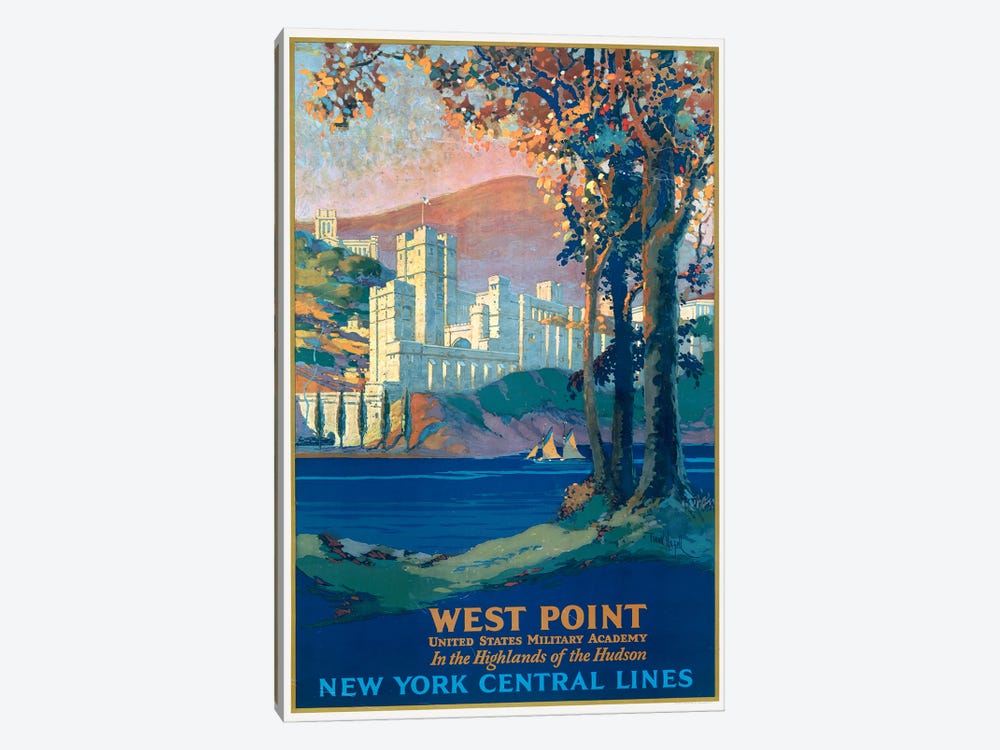 Vintage Travel Poster For New York Central Lines, West Point Military Academy, Seen Across The Hudson River, Circa 1920 by Stocktrek Images 1-piece Canvas Wall Art