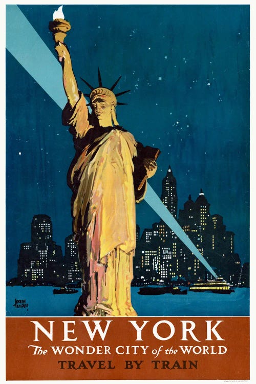 Vintage Travel Poster For New York, The Statue Of Liberty With Boats, Skyline, And Searchlight, Circa 1927