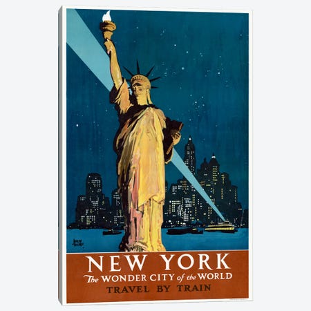 Vintage Travel Poster For New York, The Statue Of Liberty With Boats, Skyline, And Searchlight, Circa 1927 Canvas Print #TRK3984} by Stocktrek Images Art Print