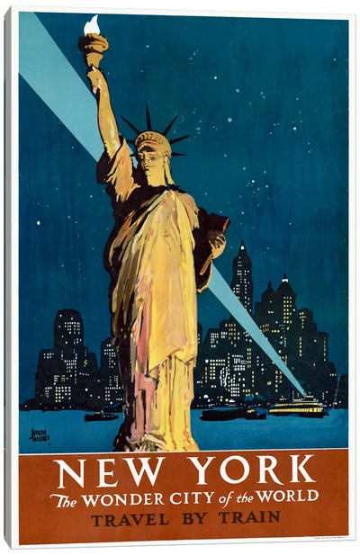 Vintage Travel Poster For New York, The Statue Of Liberty With Boats, Skyline, And Searchlight, Circa 1927 Canvas Art Print