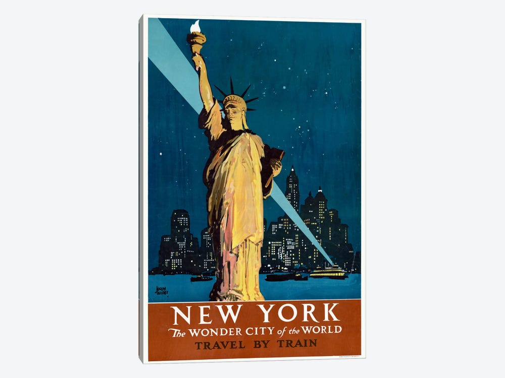 Vintage Travel Poster For New York, The Statue Of Liberty With Boats, Skyline, And Searchlight, Circa 1927 by Stocktrek Images 1-piece Canvas Print