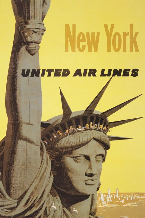 Vintage Travel Poster For New York, United Air Lines, People Peering Out The Crown Of The Statue Of Liberty, Circa 1960