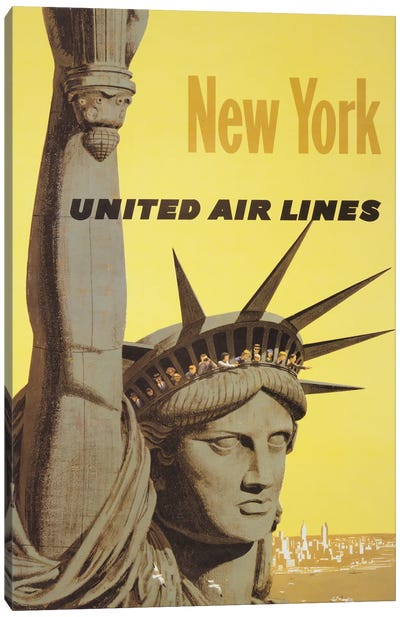 Vintage Travel Poster For New York, United Air Lines, People Peering Out The Crown Of The Statue Of Liberty, Circa 1960 Canvas Art Print - New York City Travel Posters