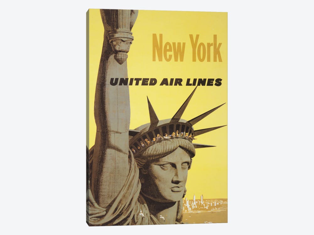 Vintage Travel Poster For New York, United Air Lines, People Peering Out The Crown Of The Statue Of Liberty, Circa 1960 by Stocktrek Images 1-piece Canvas Artwork