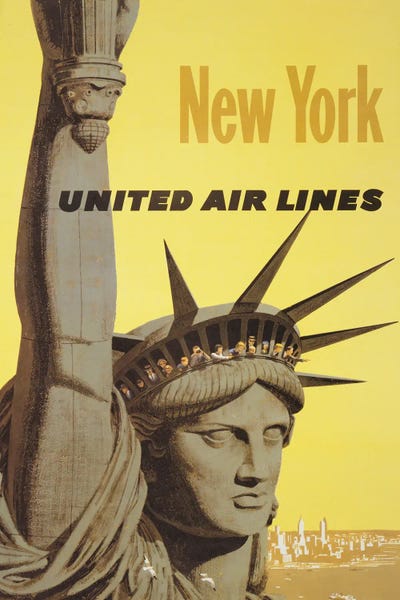 Stocktrek Images: Vintage Travel Poster For New York, United Air Lines, People Peering Out The Crown Of The Statue Of Liberty, Circa 1960 by Stocktrek Images