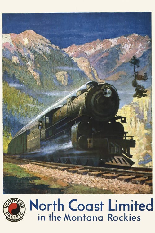 Vintage Travel Poster For North Coast Limited In The Montana Rockies, Showing A Steam Engine In Bozeman Pass