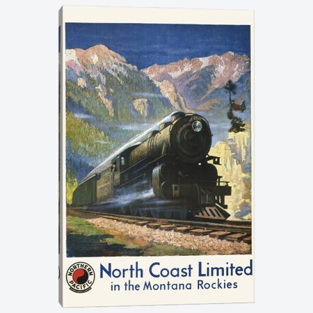 Vintage Travel Poster For North Coast Limited In The Montana Rockies, Showing A Steam Engine In Bozeman Pass Canvas Print #TRK3986} by Stocktrek Images Canvas Art Print