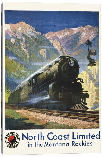 Vintage Travel Poster For North Coast Limited In The Montana Rockies, Showing A Steam Engine In Bozeman Pass Canvas Art Print - Vintage Travel Posters