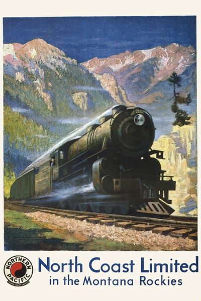 Trains: Vintage Travel Poster For North Coast Limited In The Montana Rockies, Showing A Steam Engine In Bozeman Pass by Stocktrek Images