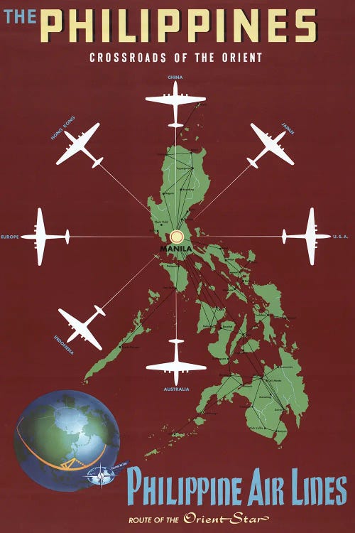 Vintage Travel Poster For Philippine Air Lines, Showing Airplanes Departing From Manila, Circa 1930