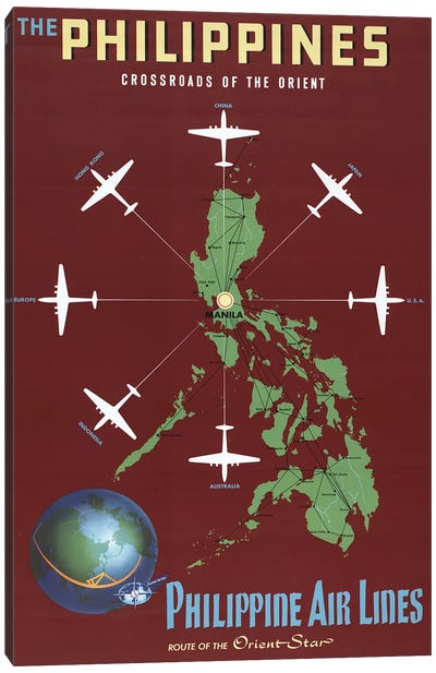 Vintage Travel Poster For Philippine Air Lines, Showing Airplanes Departing From Manila, Circa 1930 Canvas Art Print - Philippines Art