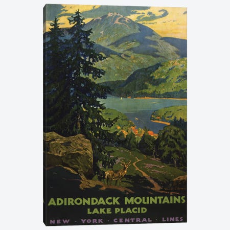 Vintage Travel Poster For The Adirondack Mountains, A View Of Lake Placid With Stag In The Foreground, Circa 1920 Canvas Print #TRK3989} by Stocktrek Images Canvas Art