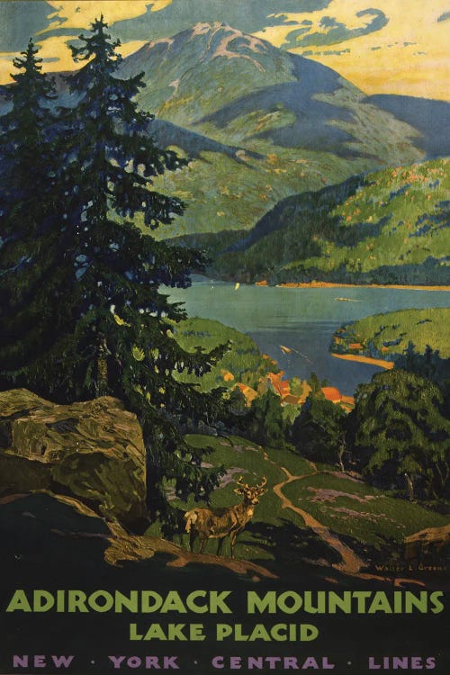 Vintage Travel Poster For The Adirondack Mountains, A View Of Lake Placid With Stag In The Foreground, Circa 1920