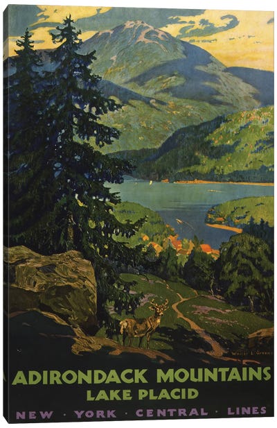 Vintage Travel Poster For The Adirondack Mountains, A View Of Lake Placid With Stag In The Foreground, Circa 1920 Canvas Art Print
