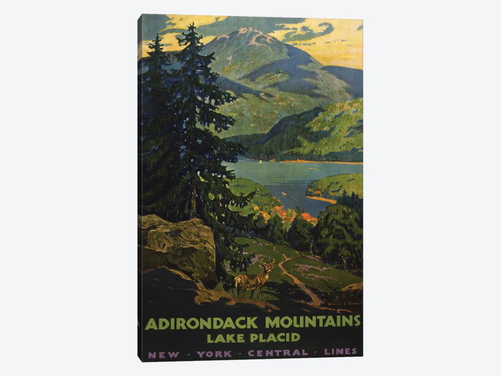 Vintage Travel Poster For The Adirondack Mountains, A View Of Lake Placid With Stag In The Foreground, Circa 1920 by Stocktrek Images 1-piece Canvas Wall Art