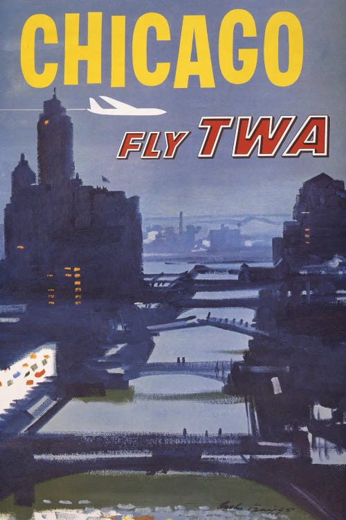 Vintage Travel Poster For Trans World Airlines Flights To Chicago, Circa 1960