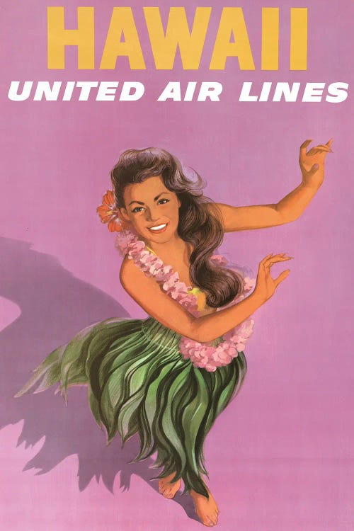 Vintage Travel Poster For United Air Lines To Hawaii, Showing A Young Woman Performing Hula Dance