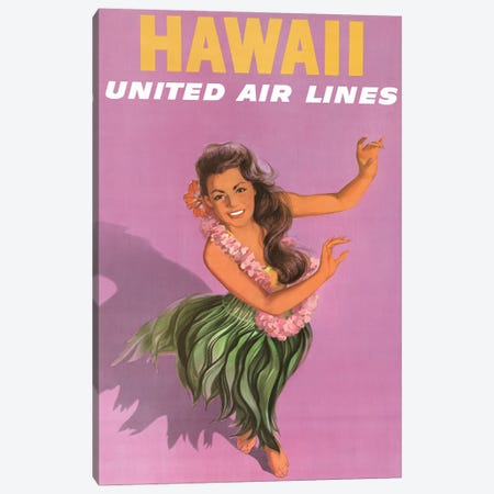 Vintage Travel Poster For United Air Lines To Hawaii, Showing A Young Woman Performing Hula Dance Canvas Print #TRK3993} by Stocktrek Images Canvas Art Print