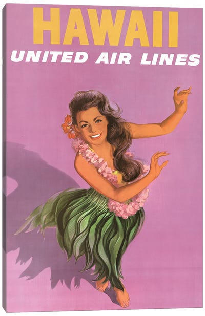 Vintage Travel Poster For United Air Lines To Hawaii, Showing A Young Woman Performing Hula Dance Canvas Art Print - Hawaii Art