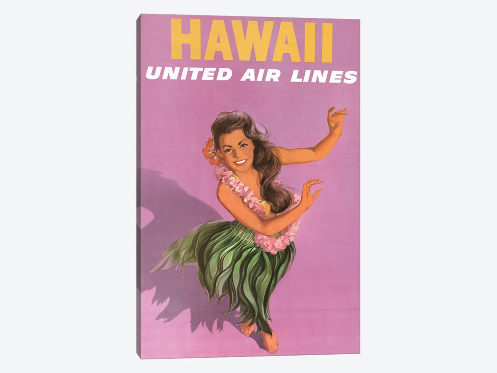 Vintage Travel Poster For United Air Lines To Hawaii, Showing A Young Woman Performing Hula Dance by Stocktrek Images 1-piece Canvas Print