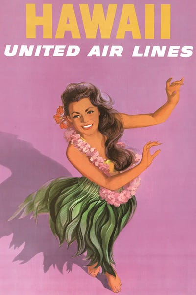 Hawaii: Vintage Travel Poster For United Air Lines To Hawaii, Showing A Young Woman Performing Hula Dance by Stocktrek Images