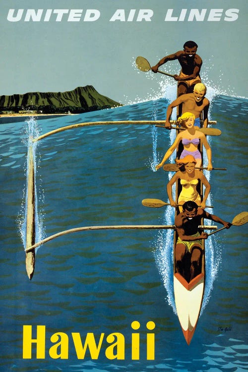 Vintage Travel Poster For United Air Lines To Hawaii, Showing People Paddling An Outrigger Canoe, Circa 1960