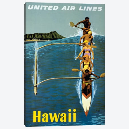Vintage Travel Poster For United Air Lines To Hawaii, Showing People Paddling An Outrigger Canoe, Circa 1960 Canvas Print #TRK3994} by Stocktrek Images Canvas Wall Art