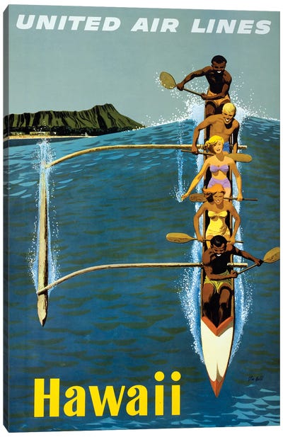 Vintage Travel Poster For United Air Lines To Hawaii, Showing People Paddling An Outrigger Canoe, Circa 1960 Canvas Art Print - Vintage Travel Posters