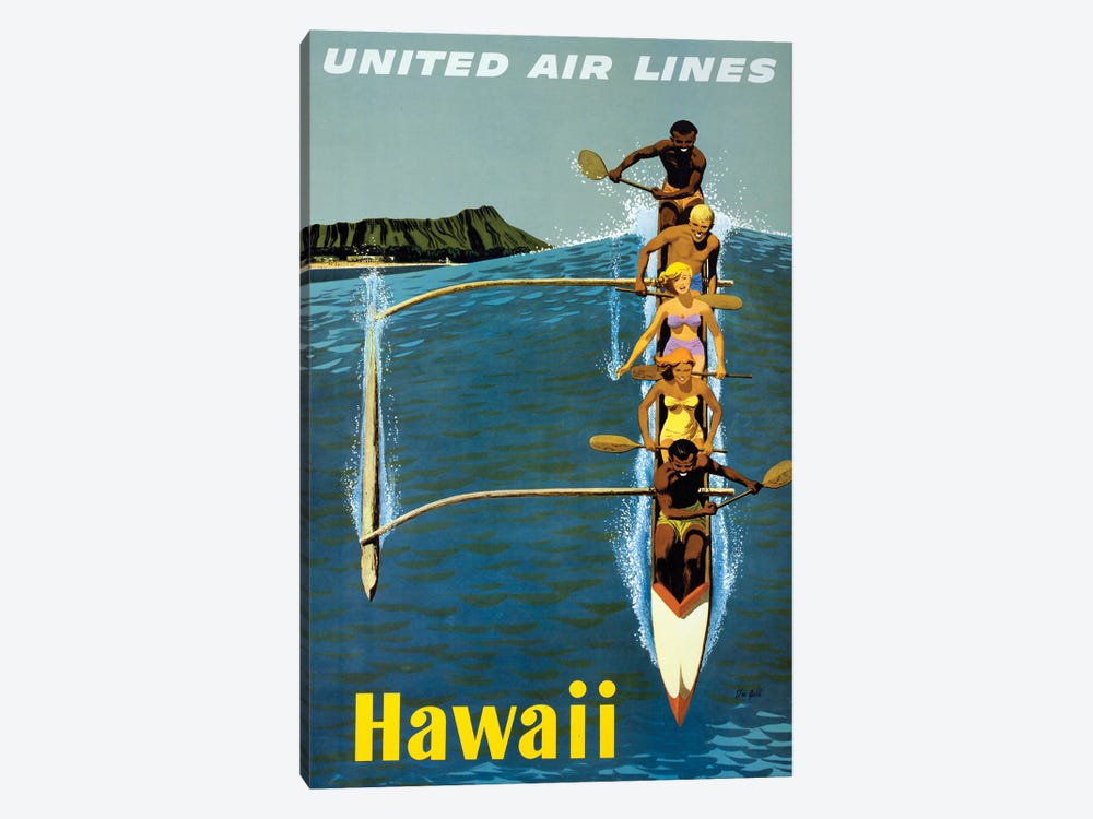 Vintage Travel Poster For United Air Lines To Hawaii, Showing People Paddling An Outrigger Canoe, Circa 1960 by Stocktrek Images 1-piece Canvas Artwork